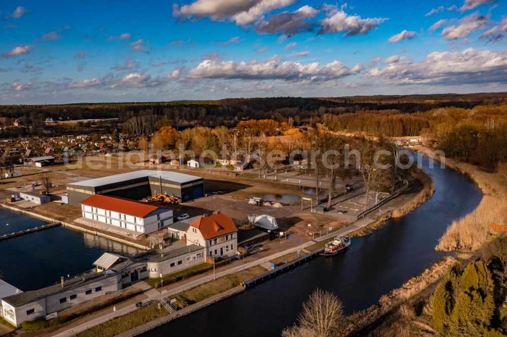 Eberswalde from the bird's eye view: Marina - harbour area on the shore of Finow canal in Eberswalde in the state Brandenburg, Germany