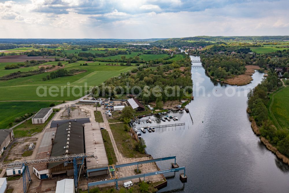 Oderberg from the bird's eye view: Marina - harbour area on the shore of Oder-Havel-Kanal in Oderberg in the state Brandenburg, Germany