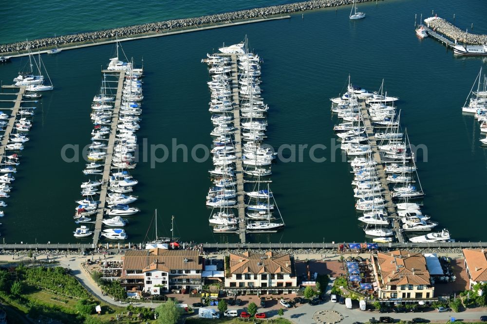Aerial image Kühlungsborn - Marina - harbour area on the shore of the Baltic Sea in Kuehlungsborn in the state Mecklenburg - Western Pomerania, Germany