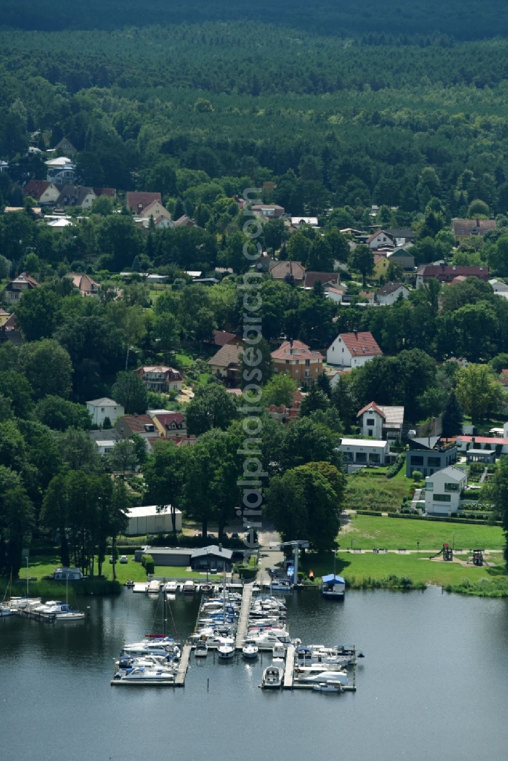 Schwielowsee from above - Marina - harbour area on the shore of Schwielowsee in the district Ferch in Schwielowsee in the state Brandenburg, Germany