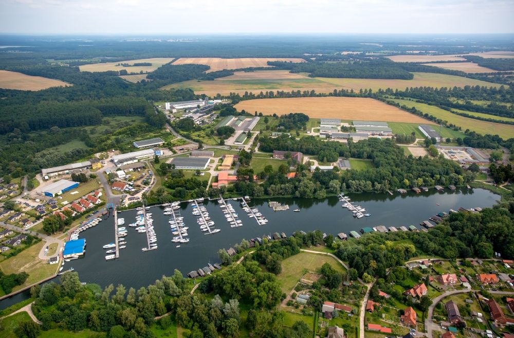 Aerial image Rechlin - Marina Mueritz - harbour area on the shores of Lake Claassee between the Hafendorf village and Rechlin-Nord in Rechlin in the state of Mecklenburg - Western Pomerania