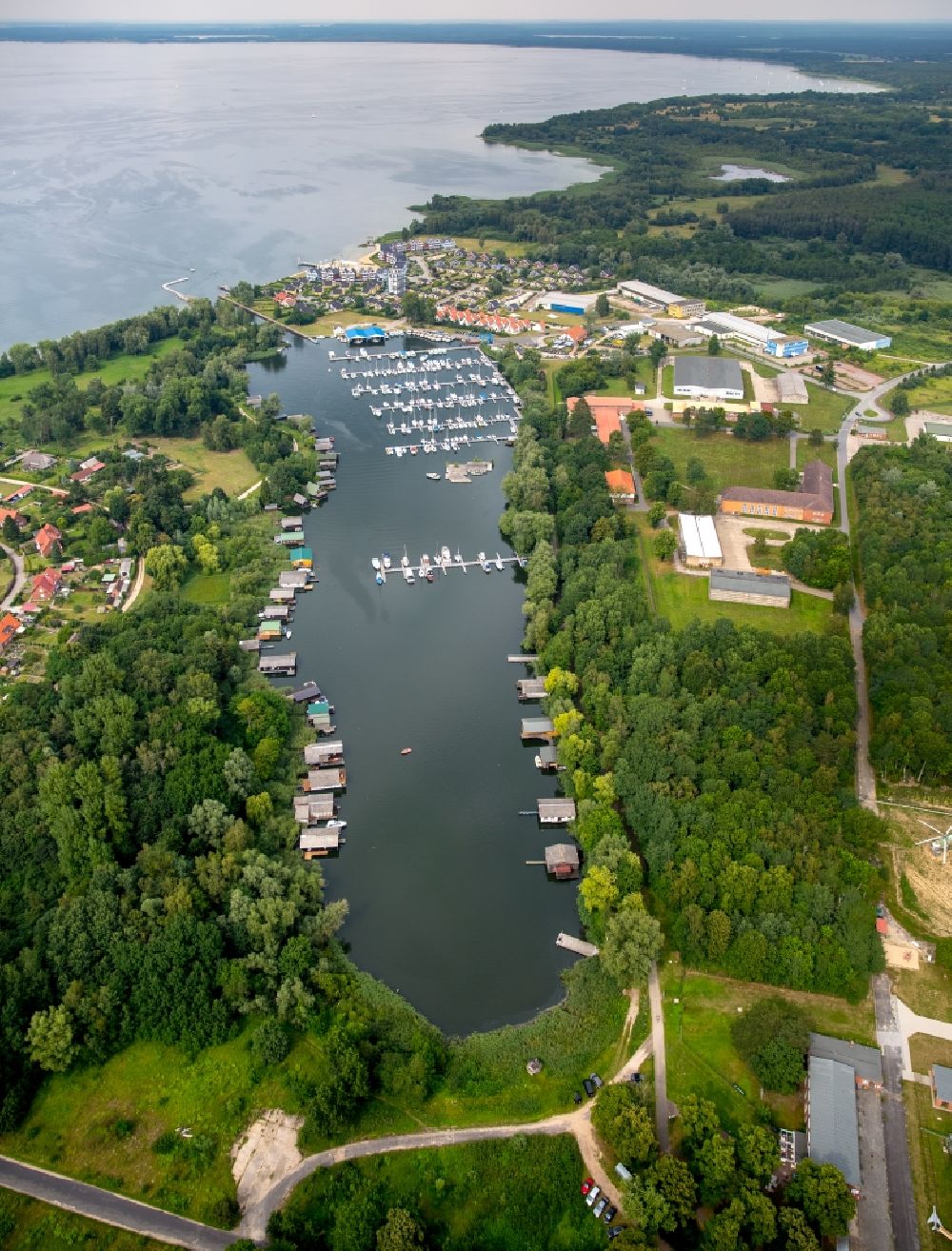 Rechlin from above - Marina Mueritz - harbour area on the shores of Lake Claassee between the Hafendorf village and Rechlin-Nord in Rechlin in the state of Mecklenburg - Western Pomerania