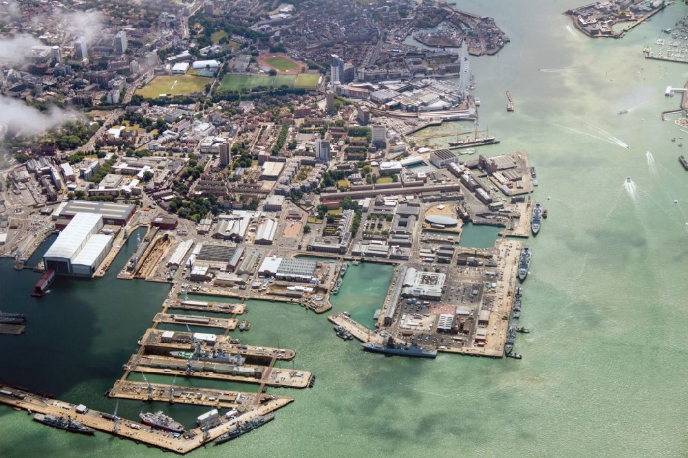 Portsmouth from above - The inner harbours of the naval base of the Britisch Royal Navy (HMNB Portsmouth) on the peninsula Portsea Island in the city Portsmouth, county Hampshire in England, United Kingdom