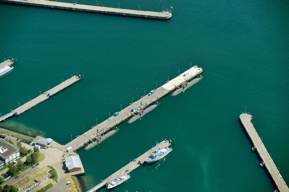 Eckernförde from the bird's eye view: Naval base of the german navy with ships anchoring in the haven in Eckernfoerde in the state Schleswig-Holstein