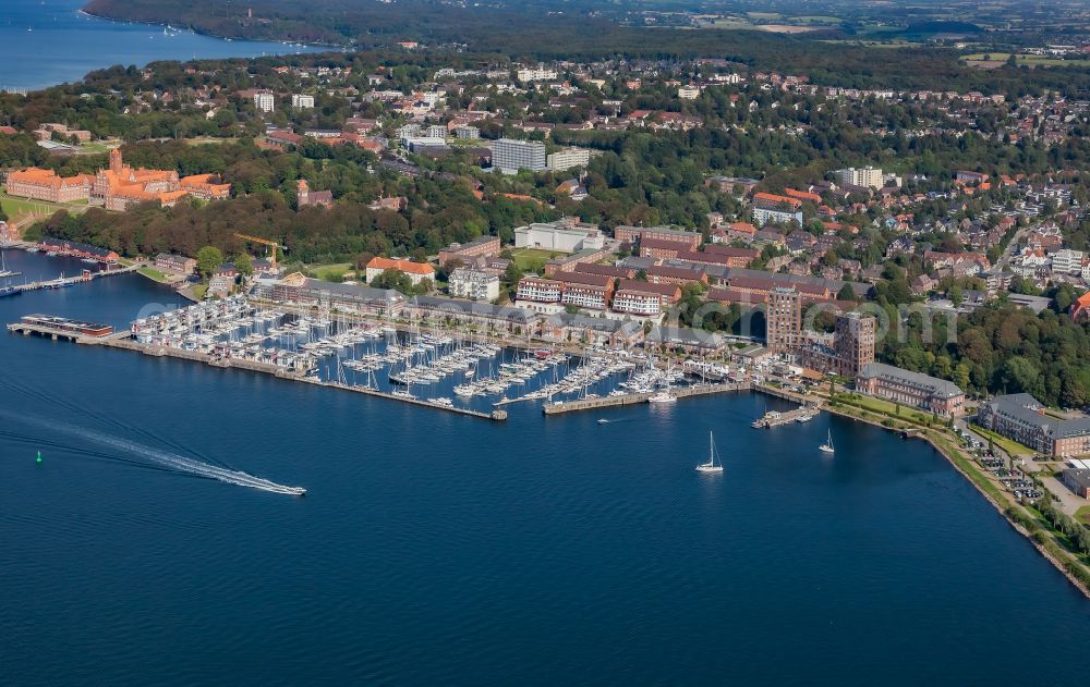 Aerial image Flensburg - Maritime residential and commercial building district with marina Sonwik along the fjord promenade in Flensburg in the state Schleswig-Holstein, Germany