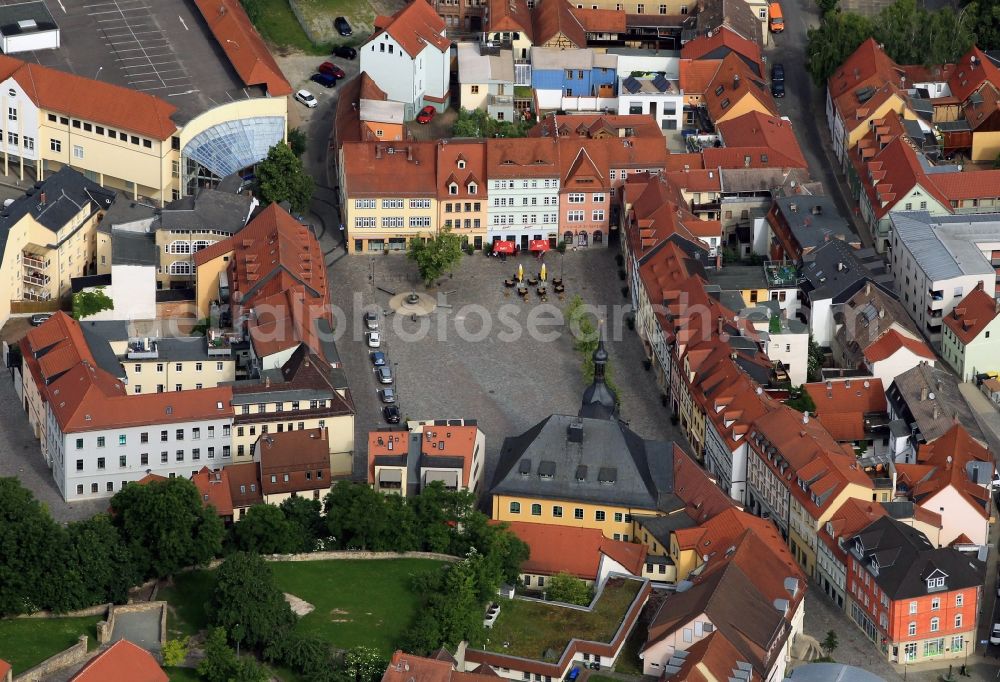 Apolda from the bird's eye view: The historic town hall of Apolda located on the market square in Apolda in Thuringia. The town hall is one of the oldest buildings in the city. It was built in the late Middle Ages, and is now a landmark of the city. The rectangular square is rebuilding with historic residential and commercial buildings