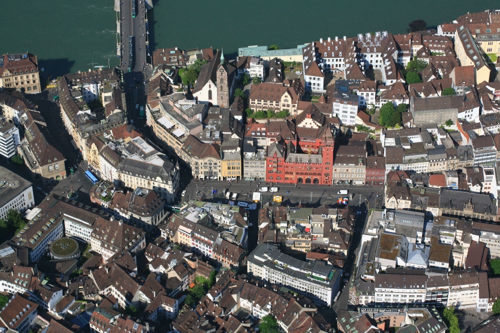 Aerial image Basel - Ensemble space market place und City hall in the inner city center in Basel in Basel, Switzerland