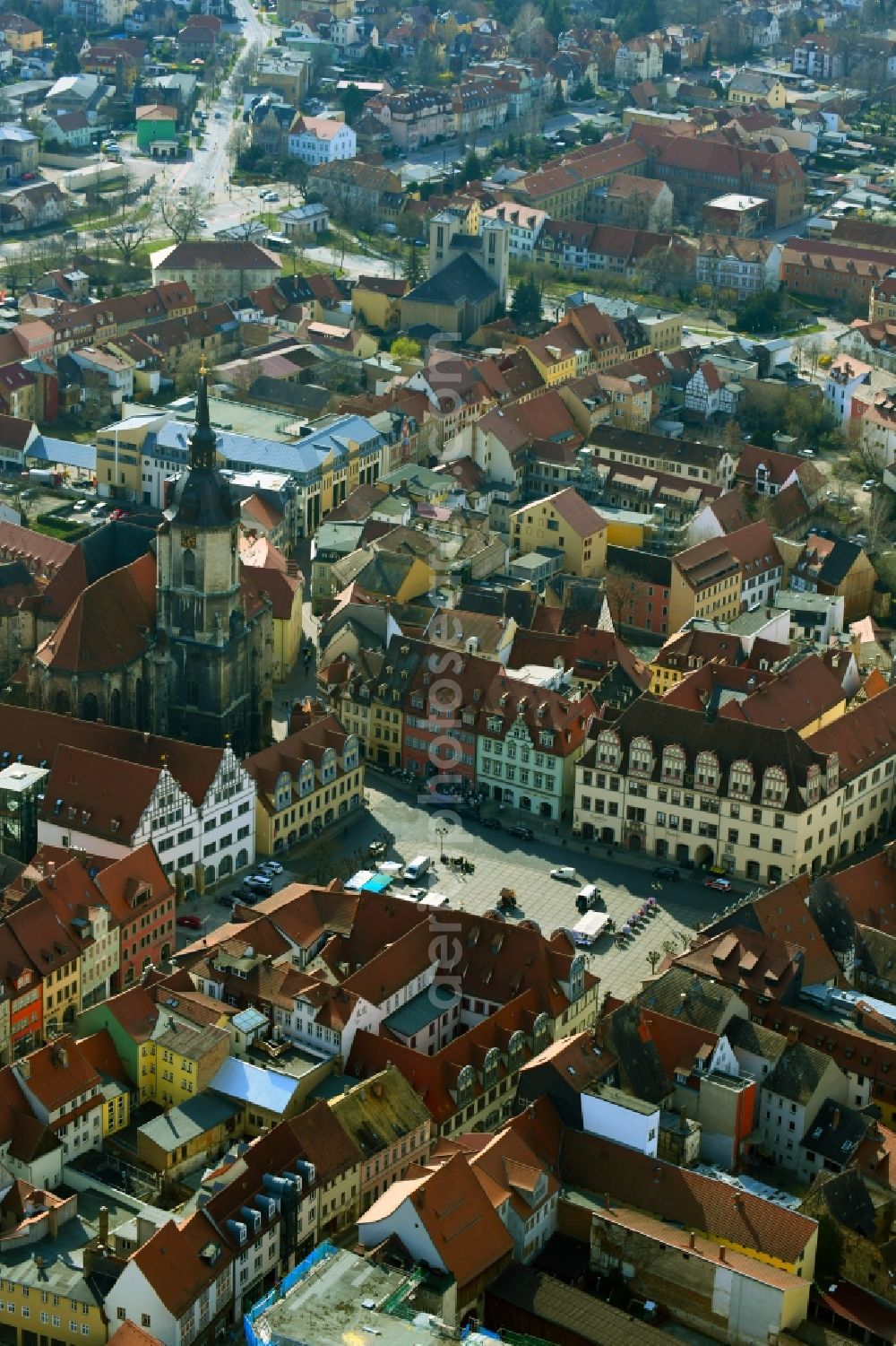 Aerial image Naumburg (Saale) - Building of the town hall of the city administration on the market square and town church St. Wenzel and tourist information in the city center of Naumburg (Saale) in the state Saxony-Anhalt, Germany