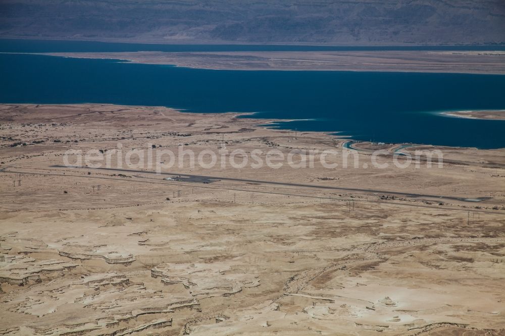 Aerial image Masada - Runway with tarmac terrain of airfield Masada landing strip in in South District near Masada, Dead Sea, Israel