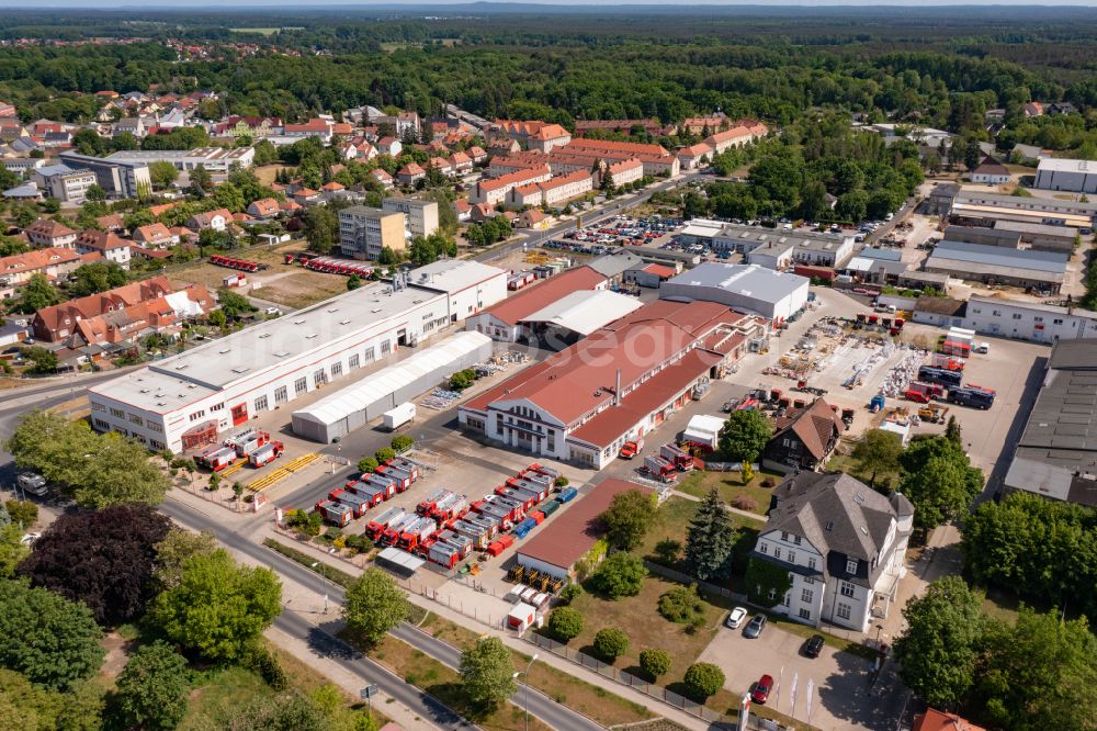 Luckenwalde from above - Buildings and production halls on the site of the mechanical engineering company Feuerloeschfahrzeuge Rosenbauer Deutschland GmbH in Luckenwalde in the state Brandenburg, Germany
