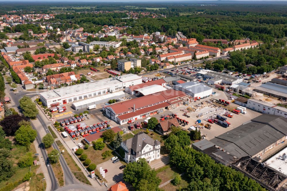 Luckenwalde from the bird's eye view: Buildings and production halls on the site of the mechanical engineering company Feuerloeschfahrzeuge Rosenbauer Deutschland GmbH in Luckenwalde in the state Brandenburg, Germany