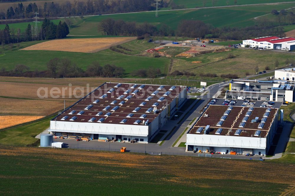 Aerial image Obrigheim - Buildings and production halls on the site of the mechanical engineering company of Interroll Conveyor GmbH on street Kraichgaublick in Obrigheim in the state Baden-Wuerttemberg, Germany