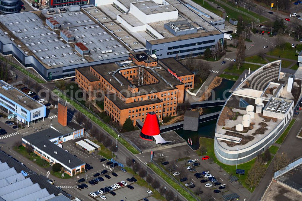 Aerial image Bruchsal - Buildings and production halls on the site of the mechanical engineering company of SEW-EURODRIVE GmbH & Co KG on street Ernst-Blickle-Strasse in the district Untergrombach in Bruchsal in the state Baden-Wuerttemberg, Germany