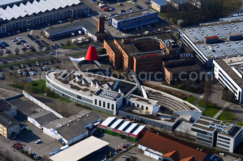 Aerial photograph Bruchsal - Buildings and production halls on the site of the mechanical engineering company of SEW-EURODRIVE GmbH & Co KG on street Ernst-Blickle-Strasse in the district Untergrombach in Bruchsal in the state Baden-Wuerttemberg, Germany