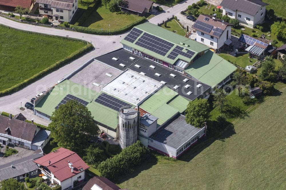 Ebensee from the bird's eye view: Buildings and production halls on the premises of the cabinet maker company of Moebel Baumgartner GmbH on Lahnstrasse in Ebensee in Oberoesterreich, Austria