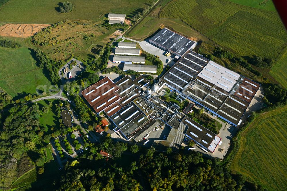 Meyenburg from the bird's eye view: Buildings and production halls on the premises of the cabinet maker company on street Freyensteiner Strasse of Meyenburger Moebel GmbH on street Freyensteiner Strasse in Meyenburg in the state Brandenburg, Germany