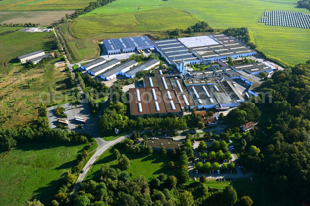 Meyenburg from above - Buildings and production halls on the premises of the cabinet maker company on street Freyensteiner Strasse of Meyenburger Moebel GmbH on street Freyensteiner Strasse in Meyenburg in the state Brandenburg, Germany