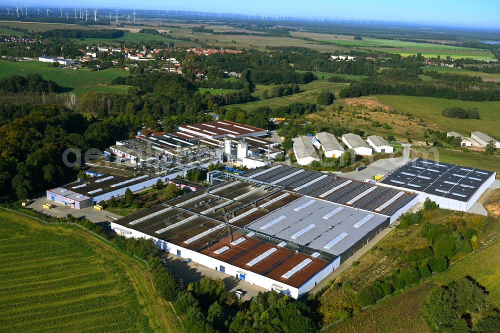 Aerial image Meyenburg - Buildings and production halls on the premises of the cabinet maker company on street Freyensteiner Strasse of Meyenburger Moebel GmbH on street Freyensteiner Strasse in Meyenburg in the state Brandenburg, Germany