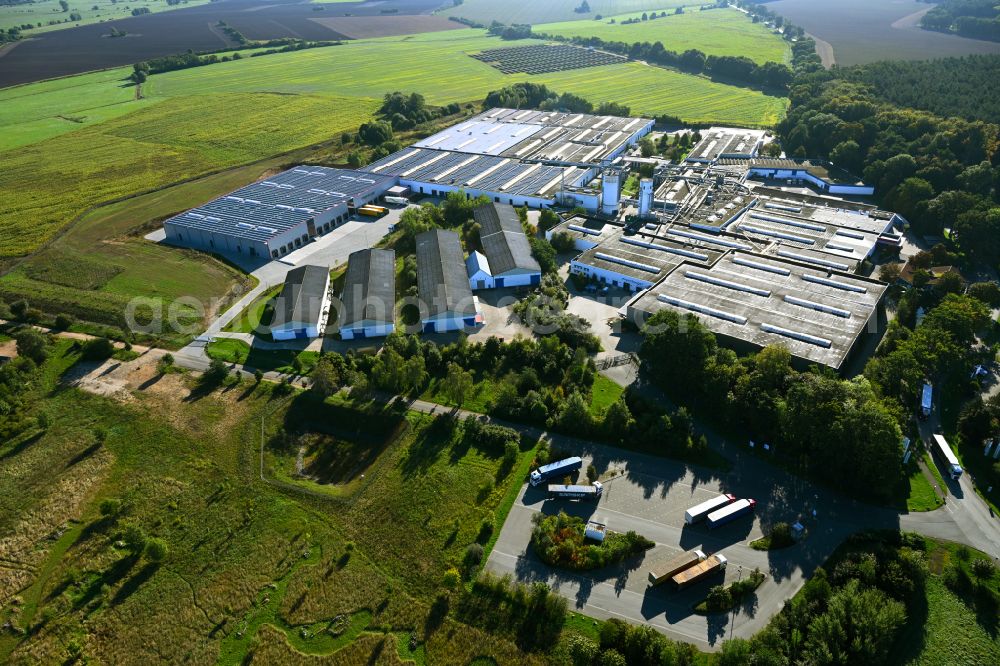 Meyenburg from above - Buildings and production halls on the premises of the cabinet maker company on street Freyensteiner Strasse of Meyenburger Moebel GmbH on street Freyensteiner Strasse in Meyenburg in the state Brandenburg, Germany