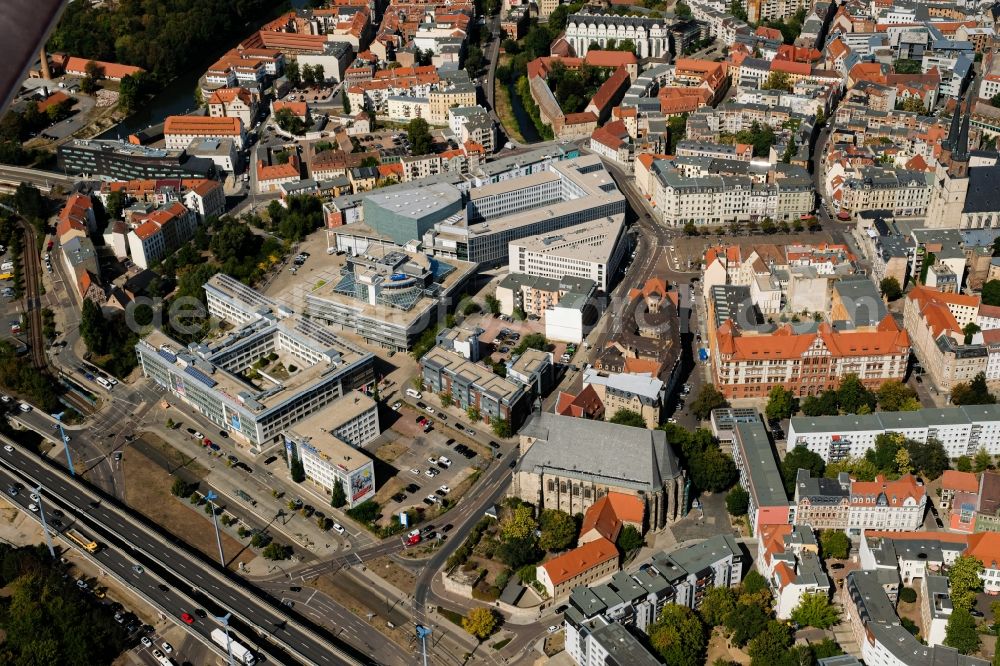 Aerial image Halle (Saale) - MDR State Broadcasting House Concert Hall Haendelhalle at the peak in Halle (Saale) in Saxony-Anhalt