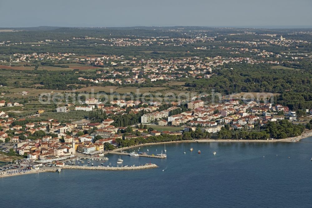 Aerial image Fazana - Townscape on the seacoast Adriatic Sea in Fazana in Istirien - Istarska zupanija, Croatia
