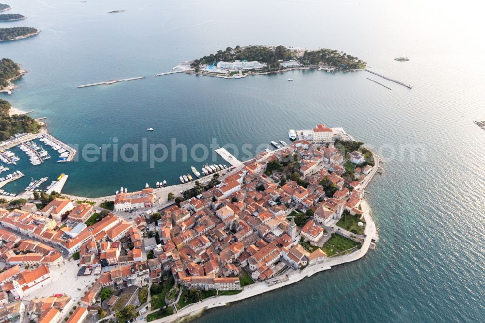 Aerial image Porec - Townscape on the seacoast of Adriatic Sea in Porec in Istirien - Istarska zupanija, Croatia