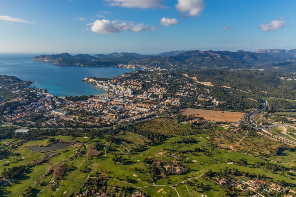 Aerial image Santa Ponca - Townscape on the seacoast with bay and a view of the golf course in Santa Ponca in Balearische Insel Mallorca, Spain