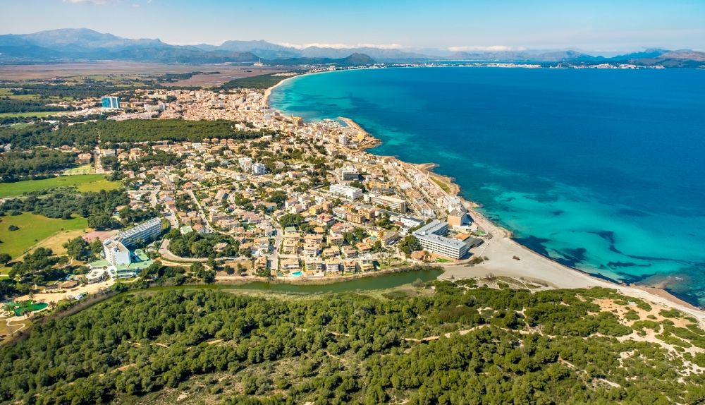 Can Picafort from the bird's eye view: Townscape on the seacoast in Can Picafort in Balearic island of Mallorca, Spain