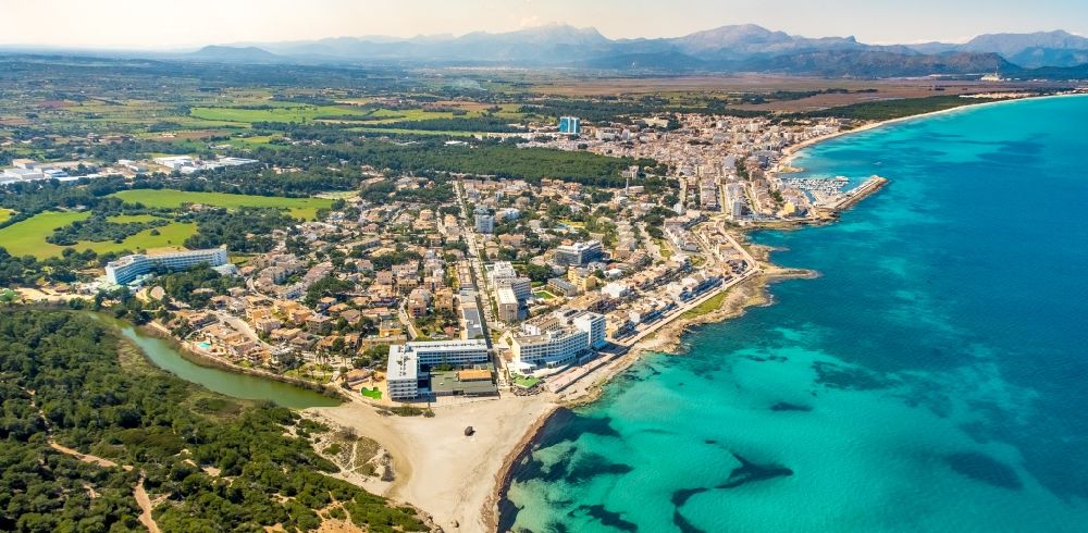 Aerial image Can Picafort - Townscape on the seacoast in Can Picafort in Balearic island of Mallorca, Spain