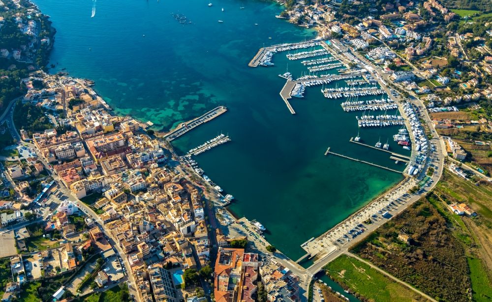 Aerial image Andratx - Townscape of Port d'Andratx on the seacoast in Andratx in Balearische Insel Mallorca, Spain