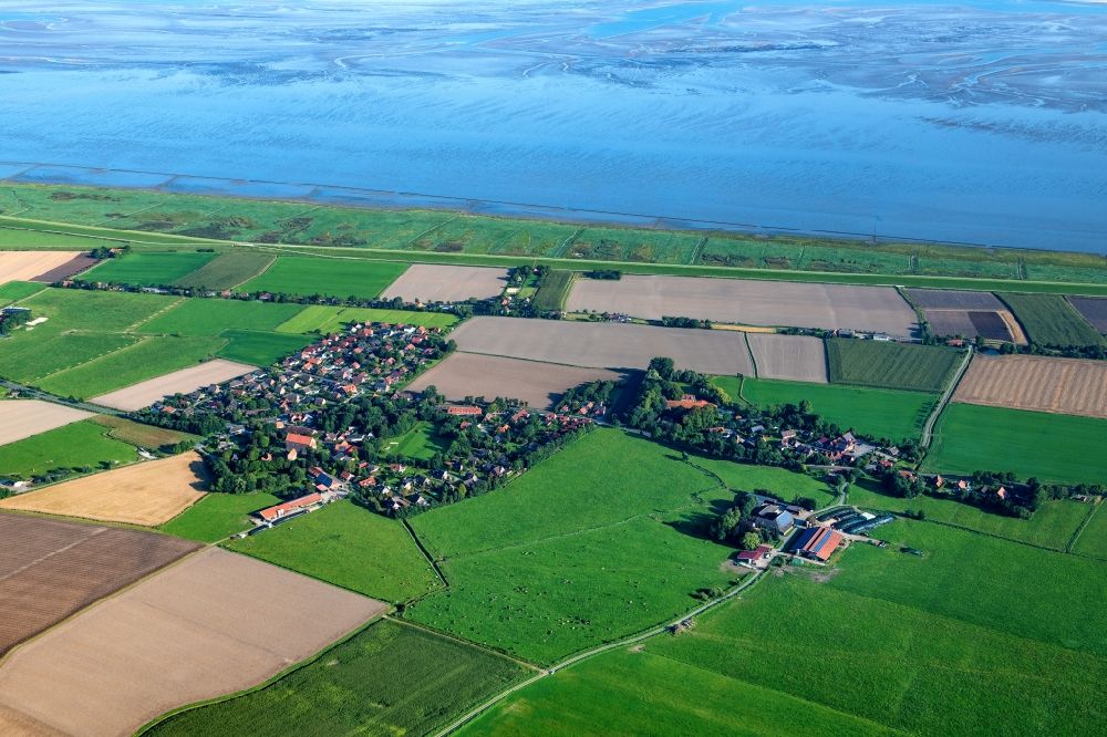 Wangerland from above - Townscape on the seacoast Minsen in Wangerland in the state Lower Saxony, Germany