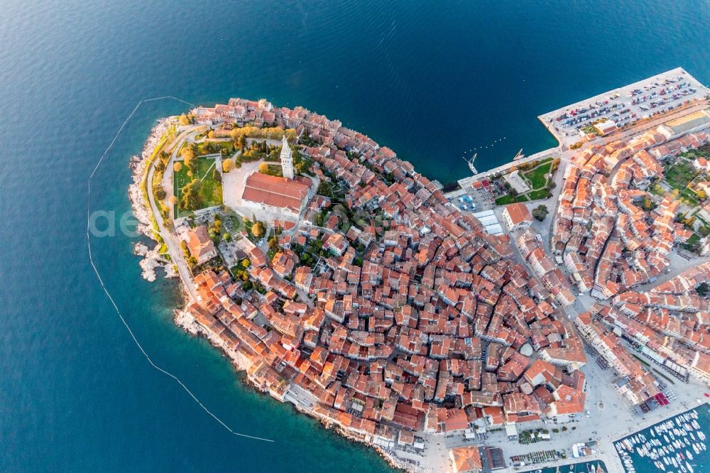 Rovinj from the bird's eye view: Townscape on the seacoast of the Mediterranean sea in Rovinj in Istarska zupanija, Croatia