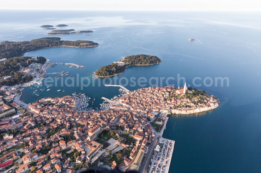 Aerial image Rovinj - Townscape on the seacoast of the Mediterranean sea in Rovinj in Istarska zupanija, Croatia