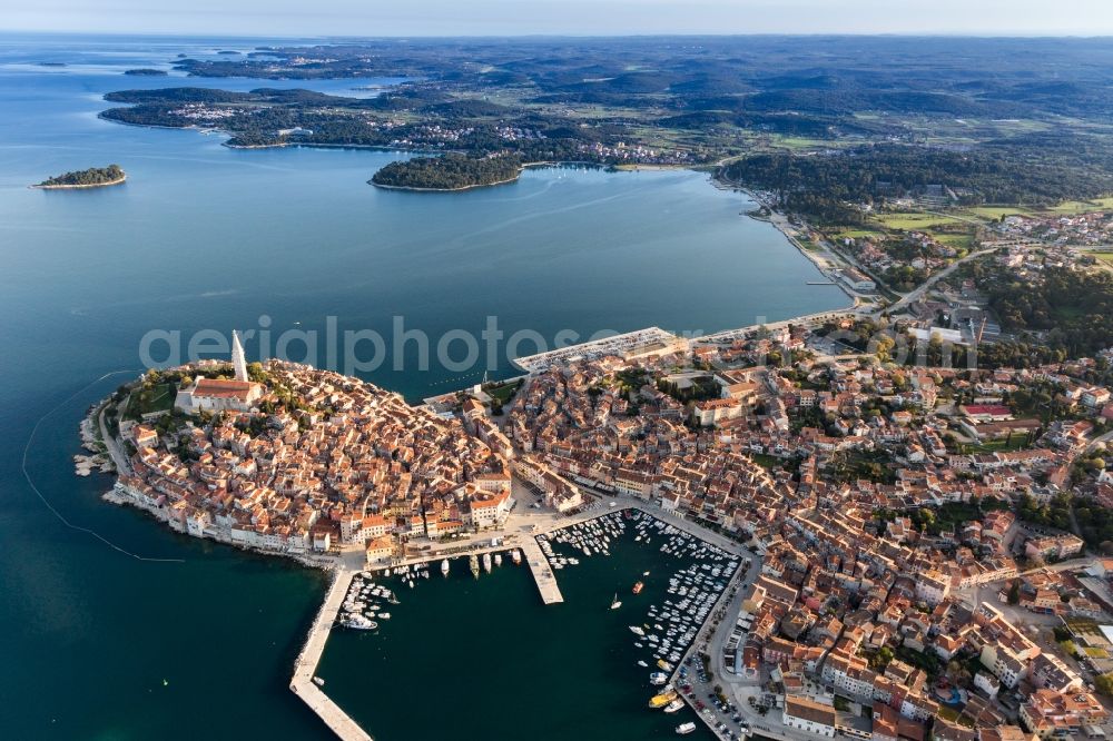 Rovinj from the bird's eye view: Townscape on the seacoast of the Mediterranean sea in Rovinj in Istarska zupanija, Croatia