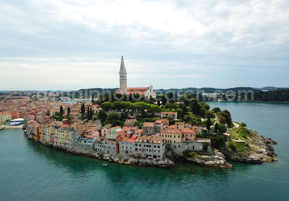 Aerial image Rovinj - Townscape on the seacoast of the Mediterranean sea in Rovinj in Istarska zupanija, Croatia
