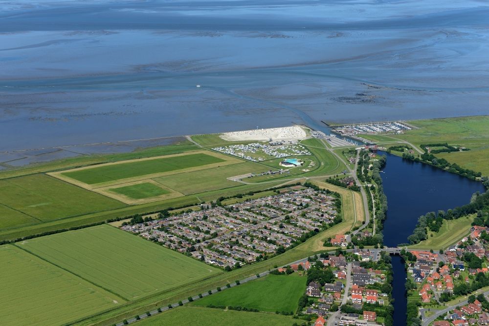 Aerial image Dornum - Townscape on the seacoast of North Sea in Dornum in the state Lower Saxony