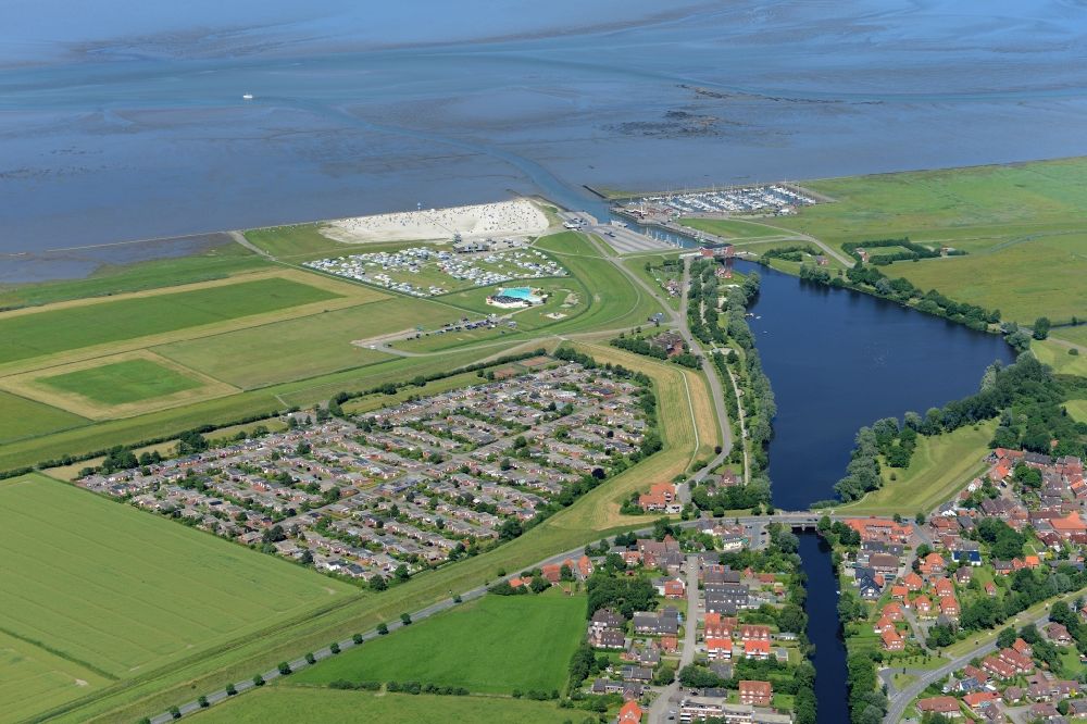 Aerial photograph Dornum - Townscape on the seacoast of North Sea in Dornum in the state Lower Saxony