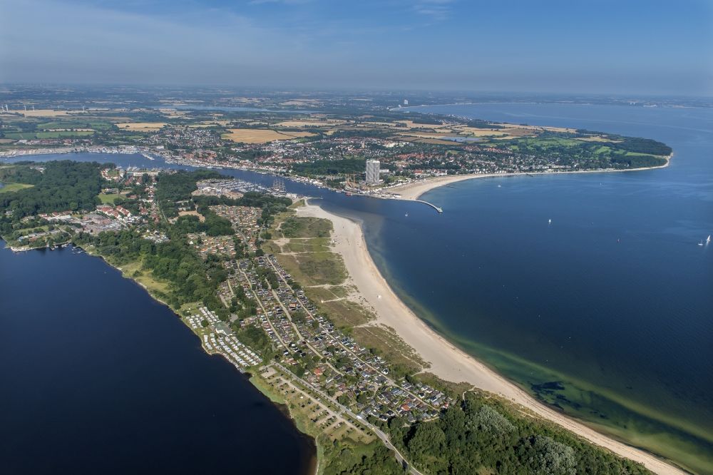 Lübeck from above - Townscape on the seacoast of the North Sea and the course of the Trave in Travemuende in the state Schleswig-Holstein