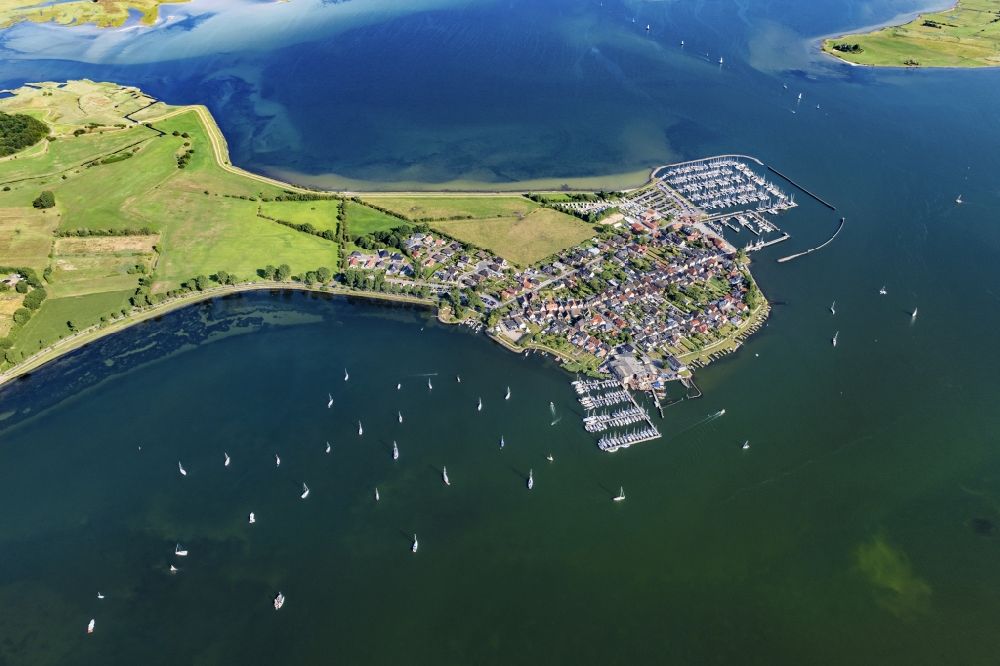 Maasholm from the bird's eye view: Town view with the sailing ports on the seashore of the Baltic Sea in Maasholm in the state of Schleswig-Holstein