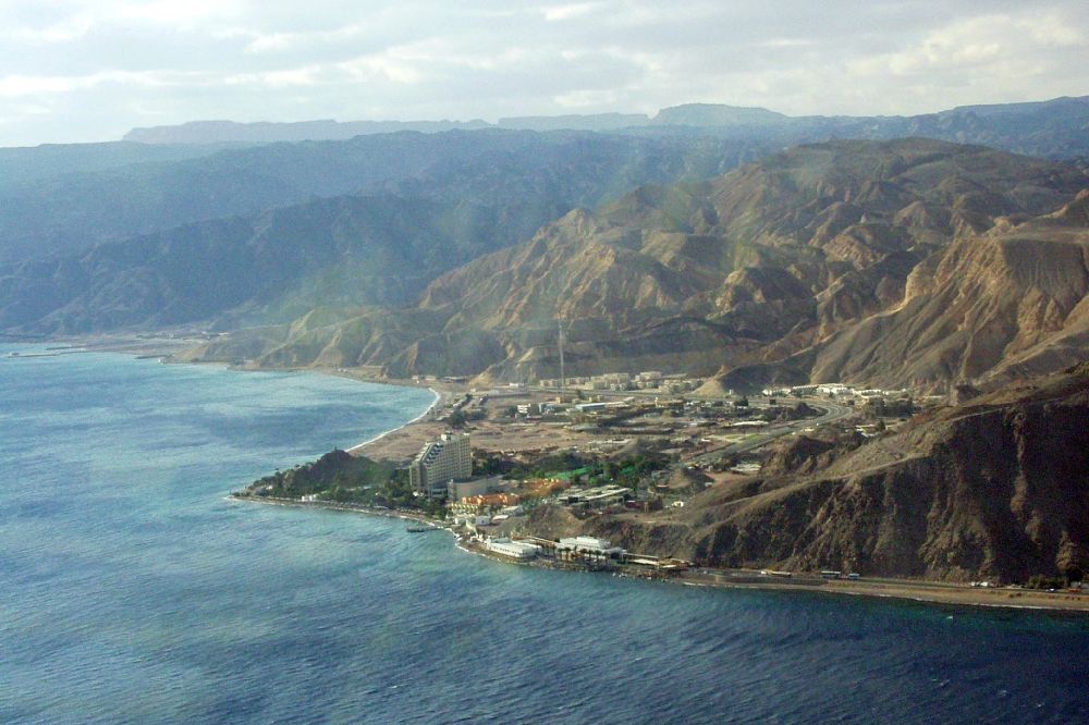 Taba from above - Red Sea marine coastal area of the border city to Israel in Taba in South Sinai Governorate, Egypt