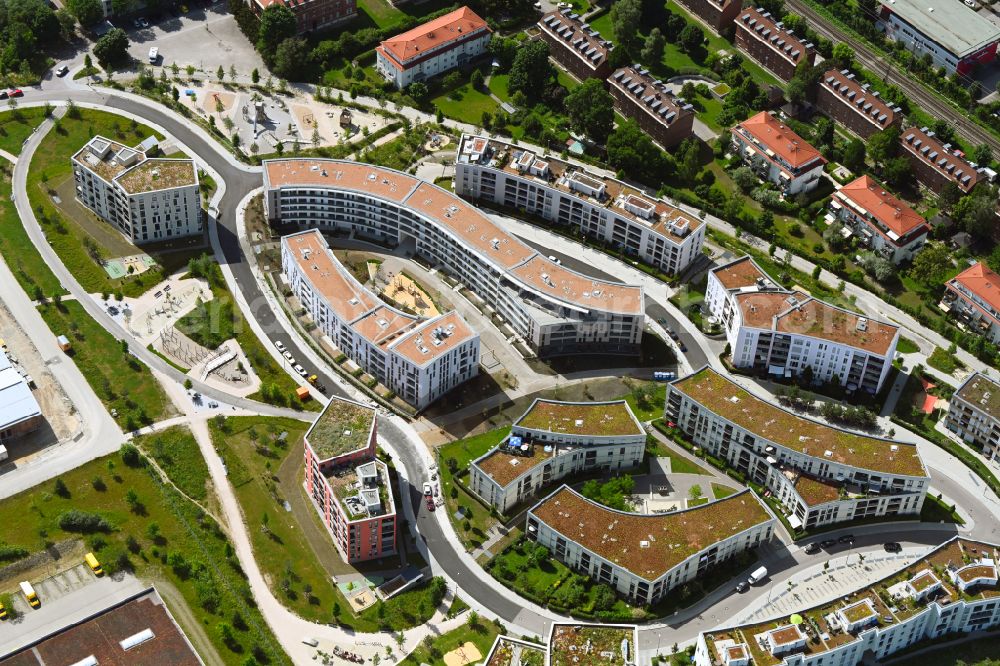 München from above - New multi-family residential complex on Fritz-Bauer-Strasse in the district Aubing-Lochhausen-Langwied in Munich in the state Bavaria, Germany