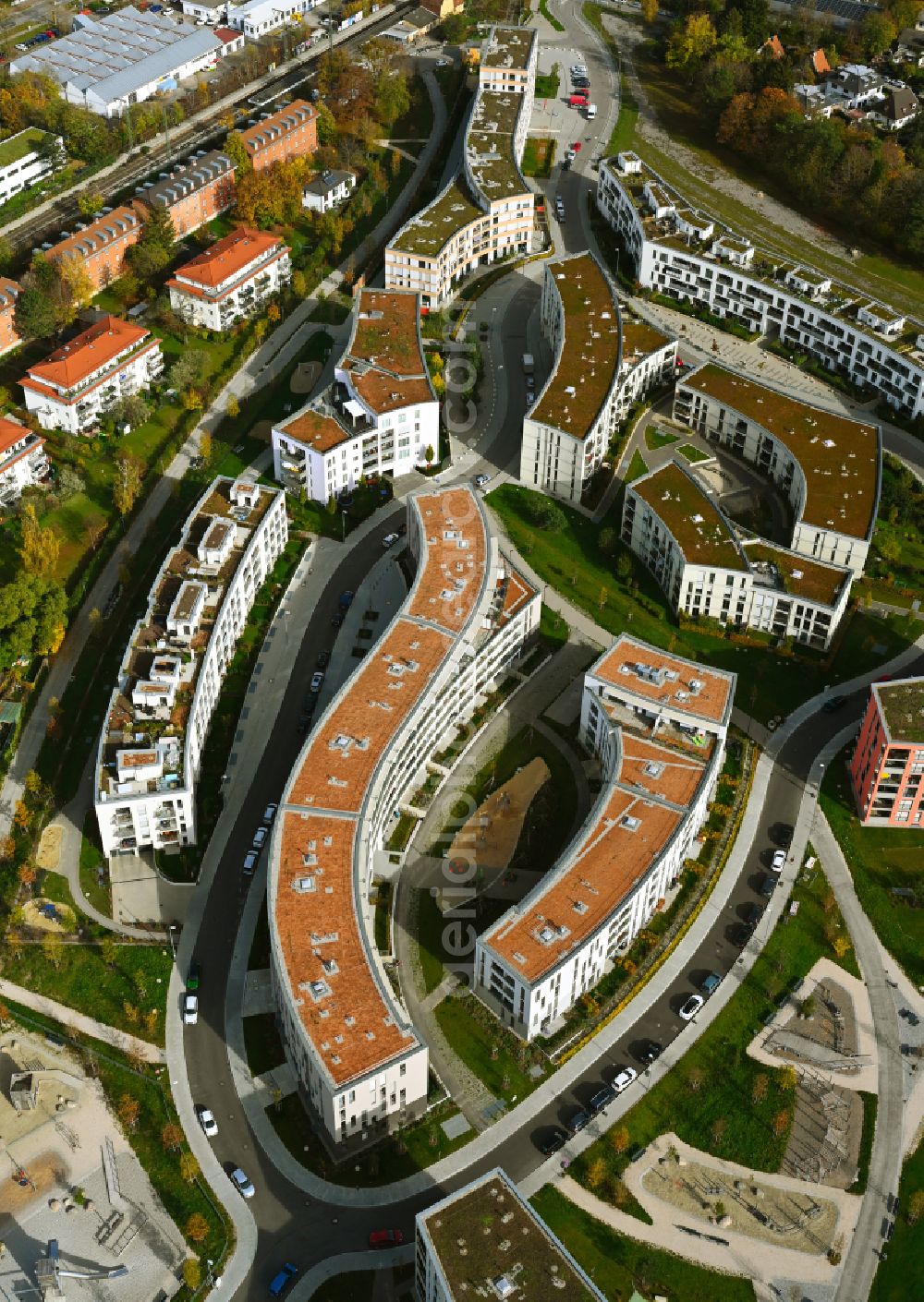 München from above - New multi-family residential complex on Fritz-Bauer-Strasse in the district Aubing-Lochhausen-Langwied in Munich in the state Bavaria, Germany