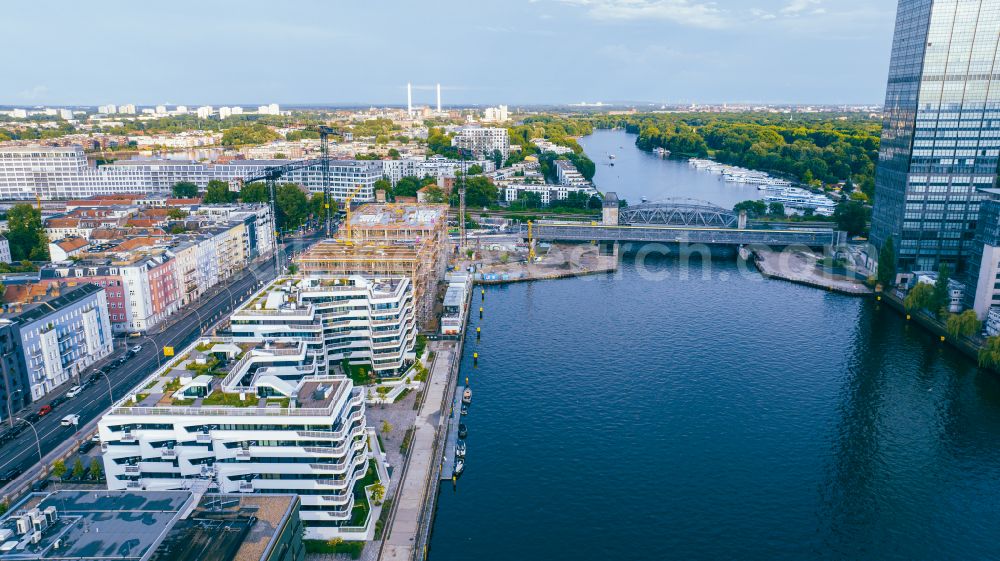 Berlin from above - Multi-family residential complex WAVE WATERSIDE LIVING BERLIN on the former Osthafen port on Stralauer Allee in the district Friedrichshain in Berlin, Germany