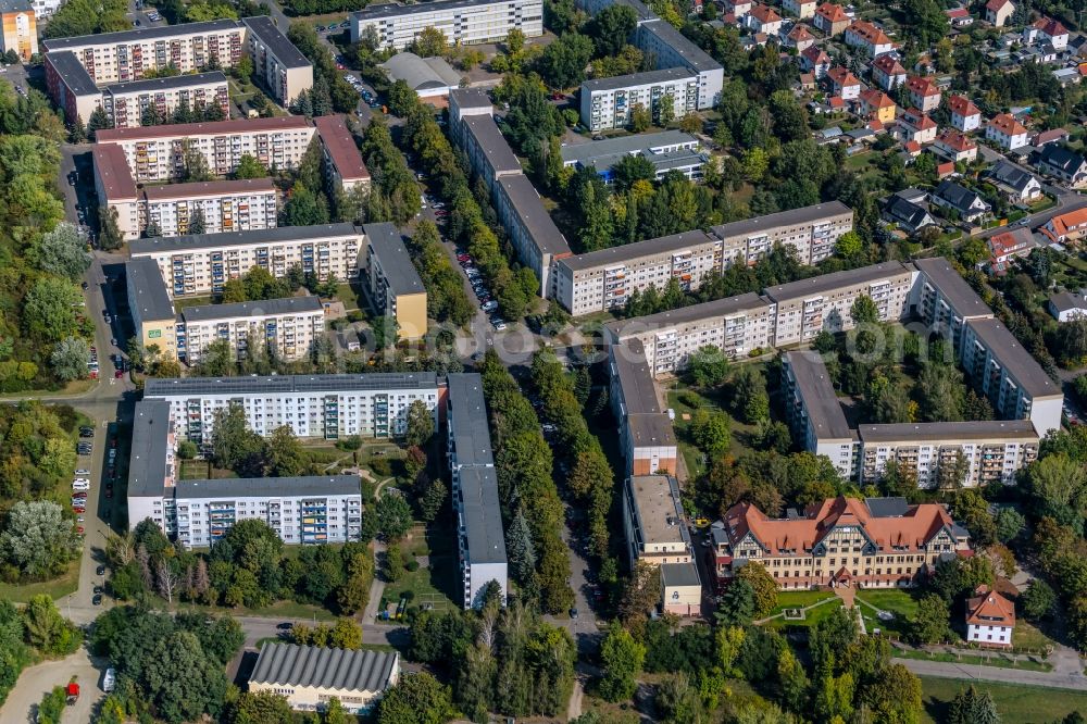 Aerial photograph Leipzig - Residential area of a multi-family house settlement along the Freiberger Strasse in the district Thekla in Leipzig in the state Saxony, Germany