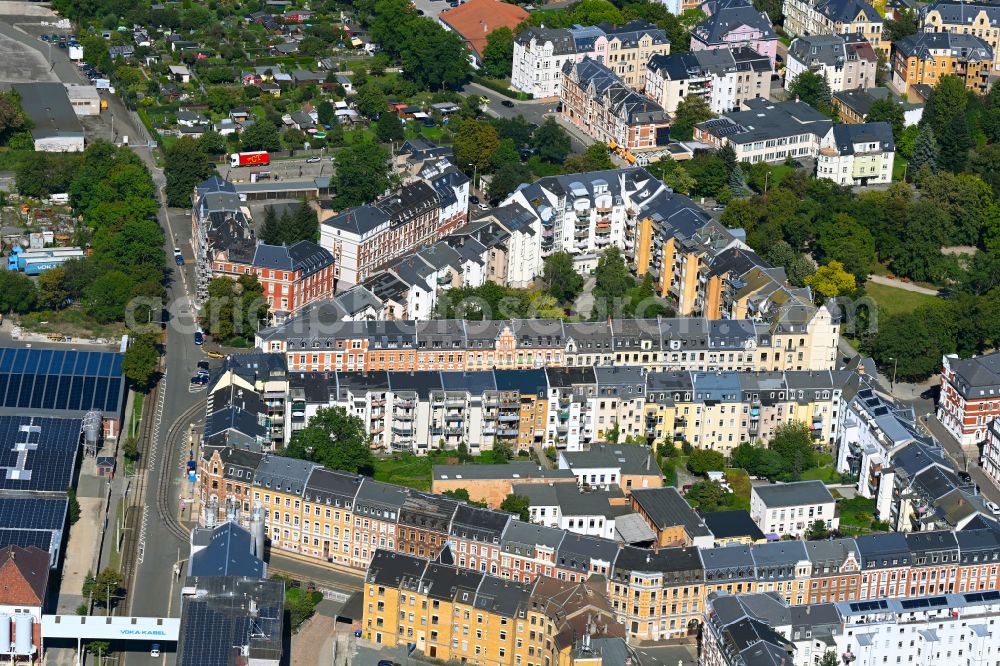 Plauen from above - Residential area of a multi-family house settlement on street Beethovenstrasse in the district Chrieschwitz in Plauen Vogtland in the state Saxony, Germany
