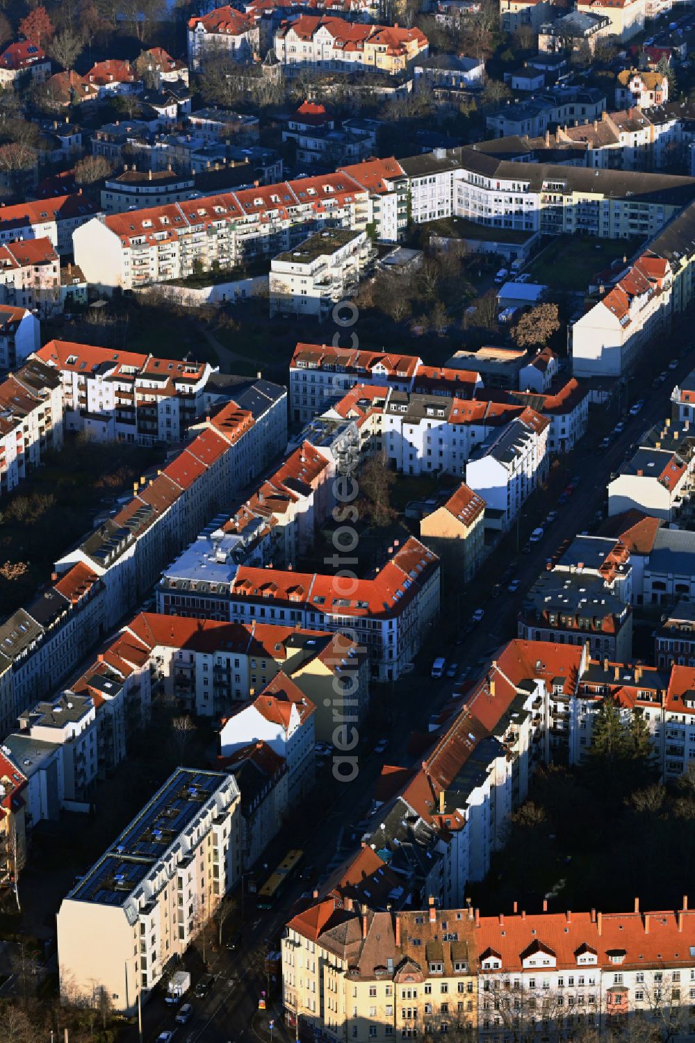 Leipzig from above - Residential area of a multi-family house settlement on street Wittenberger Strasse in the district Eutritzsch in Leipzig in the state Saxony, Germany
