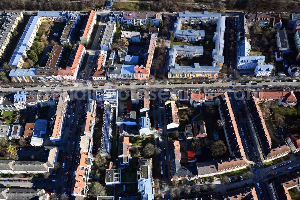 München from above - Residential area of a multi-family house settlement on street Georgenschwaigstrasse - Knorrstrasse - Schopenhauerstrasse in the district Milbertshofen in Munich in the state Bavaria, Germany