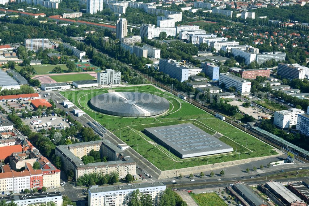 Aerial image Berlin - View to the Velodrome at the Landsberger Allee in the Berlin district Prenzlauer Berg. The Velodrome is one of the largest event halls of Berlin and is used for sport events, concerts and other events