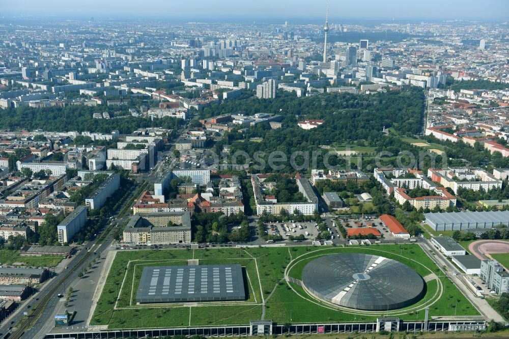 Berlin from above - View to the Velodrome at the Landsberger Allee in the Berlin district Prenzlauer Berg. The Velodrome is one of the largest event halls of Berlin and is used for sport events, concerts and other events