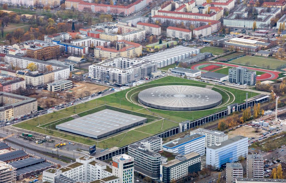 Aerial image Berlin - View to the Velodrome at the Landsberger Allee in the Berlin district Prenzlauer Berg. The Velodrome is one of the largest event halls of Berlin and is used for sport events, concerts and other events